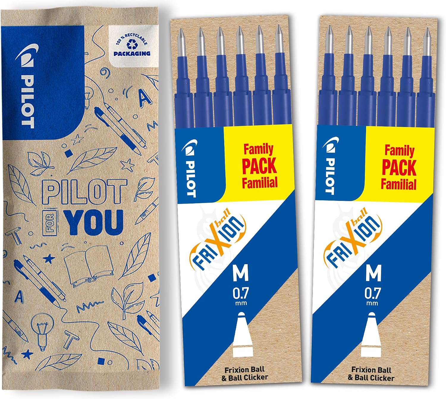 PILOT - Lot de 2 Étuis de 6 Recharges FriXion - Recharges pour Stylos Éffaçables- Compatibles FriXion Ball et FriXion Ball Clicker - Bleu - Pointe Moyenne (12 Recharges)