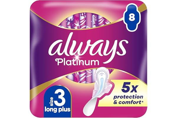 Always Platinum Long Plus (taille 3) Serviettes Avec Ailettes 8 Serviettes, 5 Dimensions De Confort Pour Ne Sentir Rien D’autre Qu’une Protection Optimale