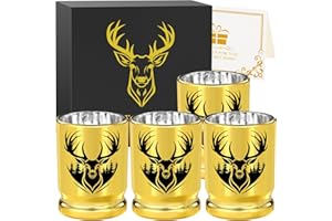 LKKCHER NOVELTY Verres à Shot en Plastique, Motif Tête de Cerf, Couleur Dorée, Lot de 4 Pièces, Boîte Cadeau pour Hommes et Femmes, Mariage, Fête, Anniversaire, Chasse au Cerf, Cadeaux pour Chasseurs, Calibre 50