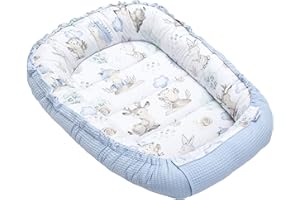 Medi Partners Baby nest Pod Newborn Sleepyhead 100% Cotton Waffle 100x60x15cm Bed Pillow Accessories Cocoon for Babies (Deer and Hedgehogs with light blue Waffle)