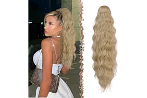 FESHFEN Postiche Queue de Cheval Ondulé Longues, Extension Ponytail Cheveux avec Peigne Ponytails Bouclé Naturel Cordon Synthétique Postiches pour Femmes, 60 cm Blond & Blond Cendré Mélangés