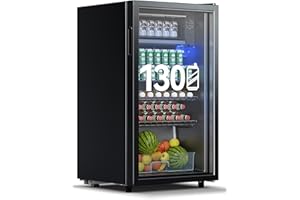 Devoko 93L Getränkekühlschrank für bis zu 130 Dosen, mit Glastür und LED-Innenbeleuchtung. Inklusive höhenverstellbarer Regale für Cola, Bier und Wein. Ideal für Haushalt und Büro in Schwarz.