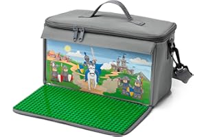 fantifant Baustein Tasche mit ausklappbarer Bauplatte kompatibel mit Klemmbausteinen vieler Marken, z.B. Strictly Bricks und Lego Tasche mit austauschbarem Motiv in rittergrau