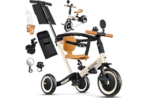 KIDIZ® 6in1 Laufrad Dreirad | Laufräder Lauffahrrad Kinderdreirad ab 1 Jahr bis 5 Jahre | Lauflernhilfe belastbar bis 25Kg | inkl. Lenkstange Sicherheitsbügel Sicherheitsgurt Klingel & Spiegel Beige
