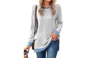 Famulily Ladies Longline Tops Color Block Jumper Sweatshirt Round Neck Long Sleeved Cotton T Shirts with Pockets
