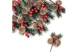 SSKHE 12 Pcs Artificial Picks Christmas Artificial Pine Cones Christmas Pine Needles with Berries for Craft,Garden,Xmas Flower Arrangements Wreaths Decor