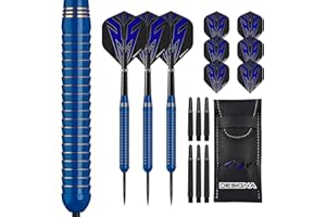DESIGNA DARTS Mako | Juego de dardos de latón con punta de acero con barril recto que incluye 6 vuelos estándar, 6 tallo, tarjeta de salida y caja de almacenamiento
