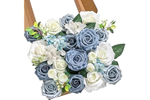 Serwalin künstliche Blumen blau gefälschte Seidenschaum Hochzeit Blumen für Brautstrauß weiße Rosen mit Stielen für Home Party Dekoration Faux Blume Tisch Centerpieces Arrangements