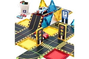 hahaland Costruzione Magnetiche 3-5 anni, Tessere Magnetiche Costruzione Bambino 38 pezzi, Blocchi Magnetici Strada Città con 2 Macchinine, Regalo Bimbo 3 4 5 6 anni