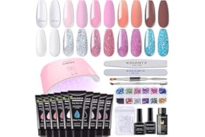 wakaniya Poly Nail Gel Kit with Lamp, 10 Colours Glitter Poly Nail Extension Gel, Easy Quick Poly Nail Gel Kit with Rhinestones, Slip Solution, Manicure Tools, DIY French Ombre Nails