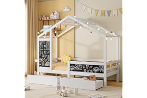 JIAOYU Cama de casa 90 x 200 cm, protección contra caídas y somier, cama infantil Montessori de madera maciza de pino, cama juvenil para niñas y niños, cama de madera, espacio de almacenamiento, color blanco