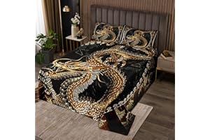 Homemissing Dragon Kids Coverlet Set Mythical Animal Creature Art Dragon Quilted Bedspread For Girls Women Black Gold Set Magical Coverlet Bedroom 3Pcs King Size