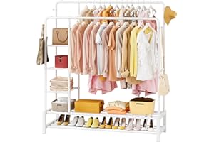 JOISCOPE Portant à Vêtements, Portant Vetement Solide Professionnel avec 2 Tringles de Suspension, 2 Organiseurs, 3 Étagères, 4 Crochets à Chapeau pour Vêtements, Chaussures, Sacs. Blanc