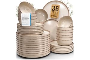 Steingut Geschirrset 12 Personen Rustic 36 tlg. TESTSIEGER, Hochwertiges Landhaussttil Steingut Geschirr Set, Schüssel- und Teller Set, Tafelservice 12 Personen, Geschirrsets Pure Living in Beige