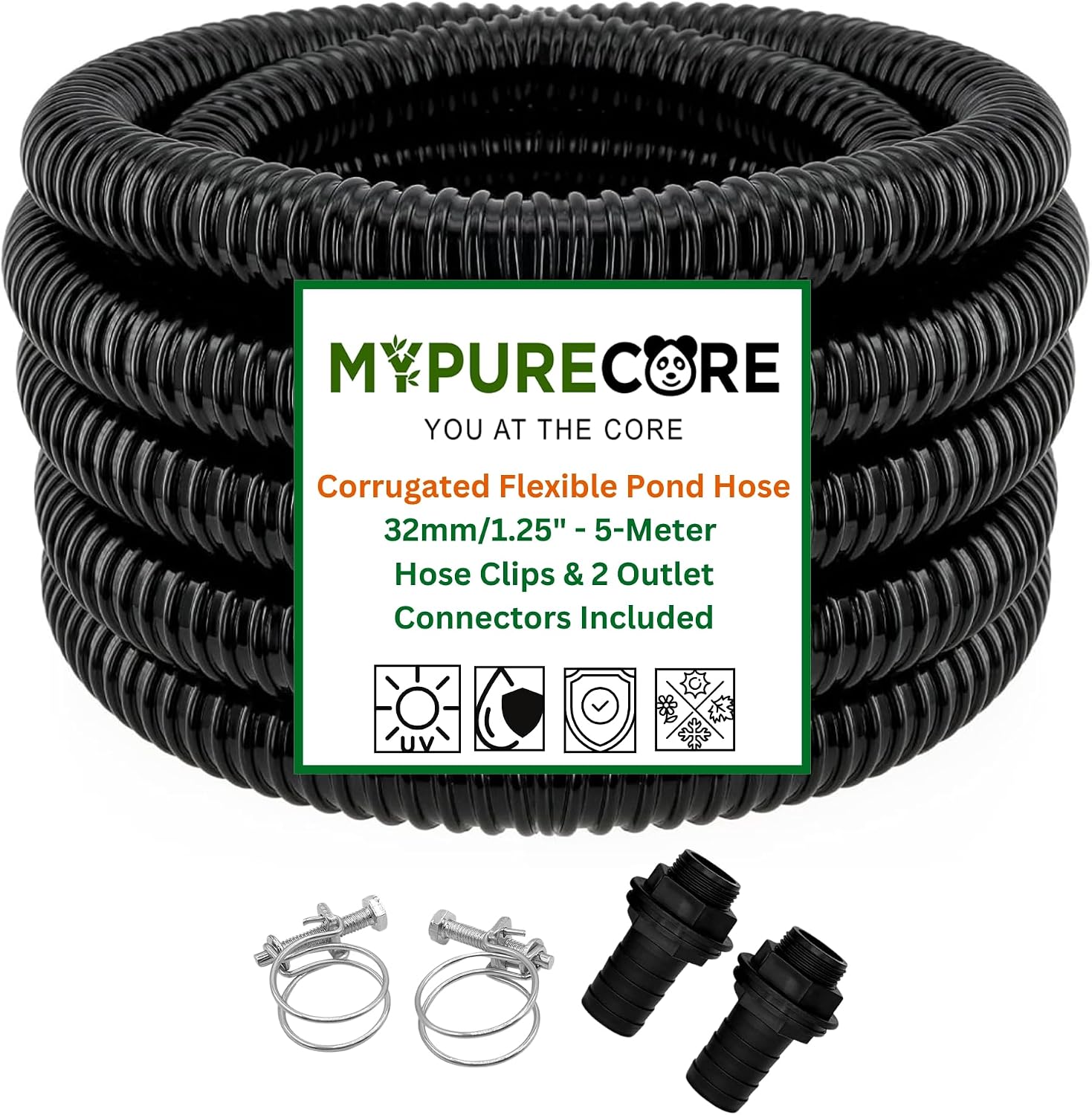 MYPURECORE Corrugated Flexible Pond Hose Set – 32mm / 1.25" PVC Hose with 2 Double-Wired Metal Clips & 2 Barbed Water Tank Outlet Connectors – for Pond Pumps, Waterfalls & Drainage (5-Meter)