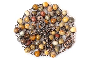 Nazareth Store Natural Stone Beads 8mm Rosary Necklace Antique Copper Design Holy Soil Medal & Cross in Velvet Bag - Catholic Rosaries Terra Santa Jerusalem Collection (Yellow Jasper)