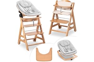 hauck Hochstuhl Beta+ Newborn Set Eco Bouncer - mitwachsender Holz Babyhochstuhl ab Geburt, inkl. Neugeborenenaufsatz, Sitzpolster und Essbrett - Natural