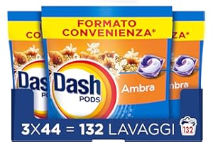 Dash Pods Detersivo Lavatrice In Capsule, 132 Lavaggi (3x44), Ambra, Rimuove le Macchie, Igienizza, Dona Freschezza, Brillantezza Per I Capi