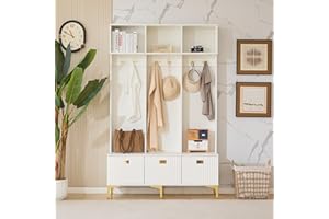 Ymkua Garderobenset Wandgarderobe, Flurgarderobe Set mit offene Aufbewahrung, Garderoben Set mit 6 Goldene Haken und Türen, Kompaktgarderobe, Wandgarderobe, B120/D23.5/H191.5 cm (Weiß)
