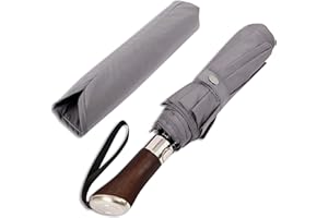 Balios (Designed in UK) Travel Folding Umbrella Lux Hardwood Handle Auto Open & Close Windproof Single Canopy