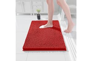 COMPOLICY Red Bath Mat, Super Absorbent Bathroom Mat, Machine Washable Non, Slip Anti Mould, Shower Mats with 40 x 60CM, 1'' Chenille Microfiber Material for Bath Kitchen Living Room Door Mats