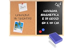 Creative Home Lavagna metà Sughero metà Magnetica 57 x 40 cm, anche Lavagna per Gesso | Cornice in Legno + 5 Magneti, Gesso, Spugna e Puntine | Bacheca Cucina da Parete per Ristorante, Scuola, Casa