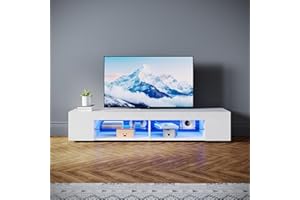 SONNI Mueble TV Blanco Brillo con Luces LED 12 Colores LED,Mesa de Salón para TV Estantes de Cristal 160 cm