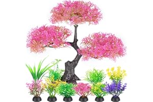 Borlech Aquarium Plastic Plants Artificial Decorations, Large Fish Tank Fake Tree Plant Decor Ornaments Accessories (Pink)