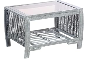 DESSER & CO LTD THE HOME OF RATTAN FURNITURE SINCE 1919 Desser Turin Grey Coffee Table with Storage Shelf – Glass Top Table with Wicker Rattan Cane Pole Frame Natural Wash – Luxury Indoor Conservatory or Living Room Furniture - H46cm x W73cm x D52cm