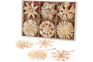 Homewit Strohsterne Weihnachtsbaum, 24 Strohsterne Klassisch Set - Ø 8cm Natürlicher Christbaumschmuck Stroh mit Aufbewahrungsbox aus Holz für Weihnachtlicher Baumschmuck und Weihnachtsdekoration