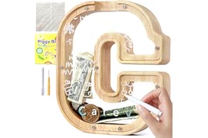 Lakpopya Hucha de Madera para Infantil Hucha Cerdito Personalizada de A-Z Hucha Billetes Transparente para Regalo Decoración Bautizo (C)