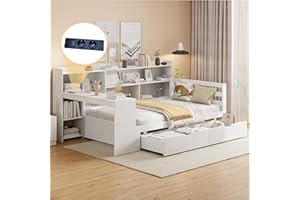 ‎OKWISH okwish Kinderbett 90x200 cm, Jugendbett mit Schreibtisch Schubladen und Stauraum Regal, Funktionsbett mit Steckdose und USB Ladefunktion, Bettgestell mit Lattenrost, Kiefernholz, Weiß ohne Matratze