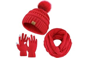 URATOT Winter Warm Knitted Sets Beanie Pompom Hat Scarves Winter Face Cover Touchscreen Gloves Scarf Set for Men Women