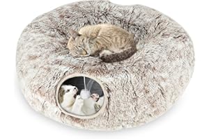 Mfsdai Plüsch Katzentunnel mit Katzenbett,Multifunktionales Katzenspielzeug Katzentunnelbett mit Hängenden Ball und Guckloch für Kleine Mittlere und Große Katzen(Tie Dye Kaffee Farbe)