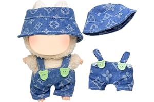 CARREUTY Doll Clothes and Accessories Compatible with Labubu 17cm Plush Doll Classic Floral Blue Dolls Clothes Sets Include Strap Pants Hat Girls Boys for Best Gifts, No Doll