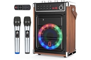 JYX Maszyna do karaoke z 2 mikrofonami bezprzewodowymi UHF, regulacją tonów niskich i wysokich oraz oświetleniem LED, obsługą TWS, wejściem AUX, FM, REC
