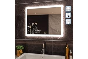 Sirhona 90 x 70 cm espejo de baño con iluminación IP44, espejo LED de baño con antivaho, Horizontal/Vertical, espejo de baño de pared