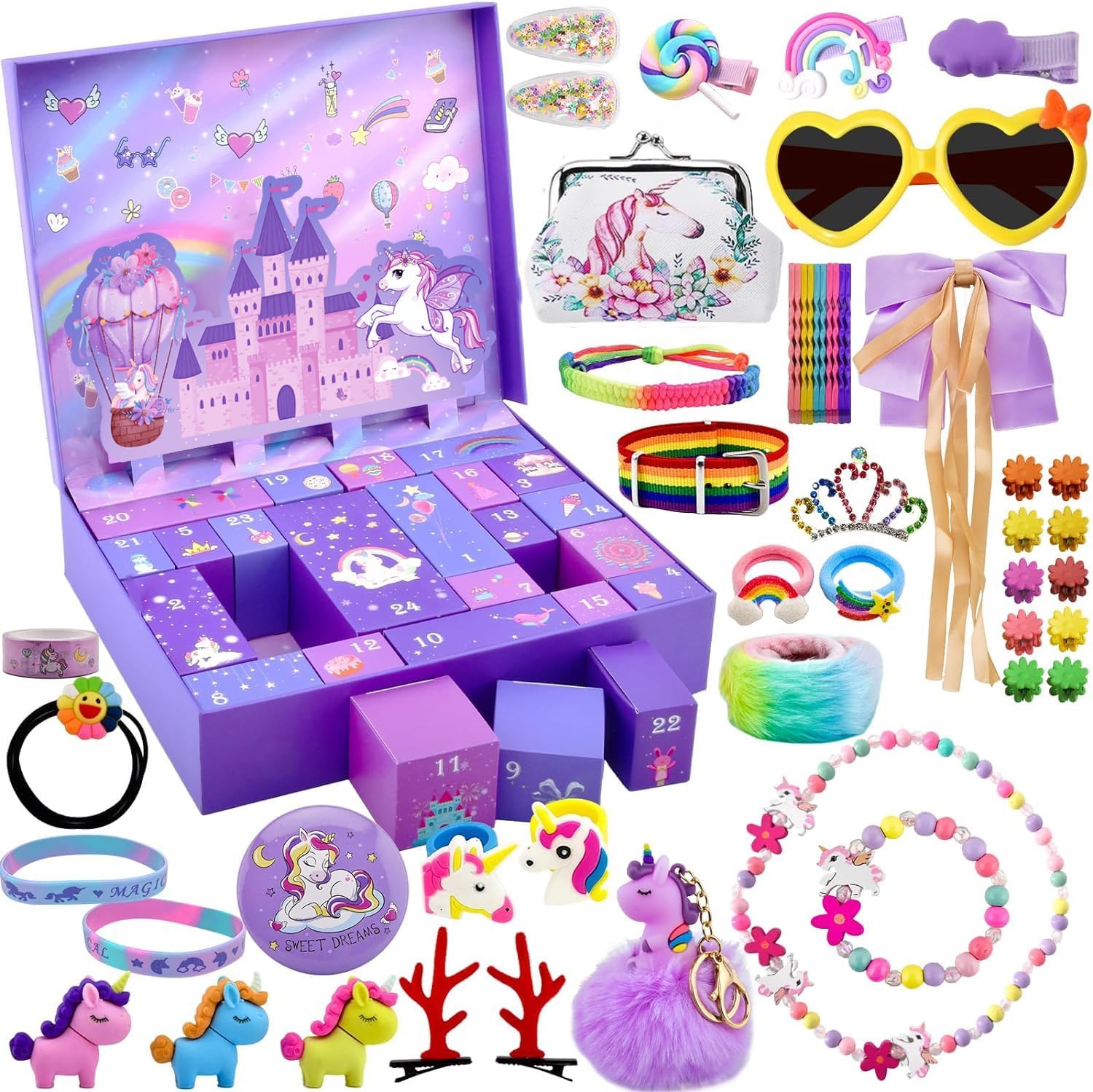 Calendario Adviento 2025,Calendario de Cuenta Regresiva de Navidad con Joyas de Unicornio Collar Pulsera Anillos Pendientes Lentes Pinzas De Cabello Navidad Regalo para Niño Niña
