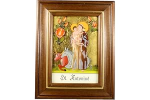 Hinterglaswerkstätten - Hinterglasbild / Patronatsbild Hl. Antonius mit braun gebeizten Holzrahmen, handbemalt mit Legende des Heiligen auf der Bildrückseite, ca. B: 12,5 x H: 16 cm