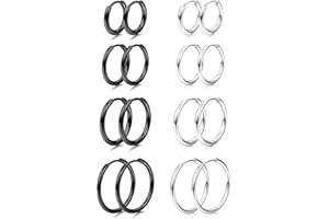 Milacolato 8 pares Pendientes Aros de Acero Inoxidable para Mujeres y Hombres, Pequeños y Ligeros Anillo Clicker Pendiente Cartílago de la Oreja Piercing de Hélice Conjunto de Pendientes de Aro Set