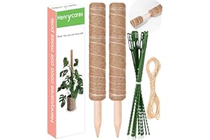 2-Pack Moss Poles with 20Pcs Adjustable Plant Ties and 17ft Jute String, Henrycares Extendable Coco Coir Totem Pole Plant Support for Outdoor Indoor Climbing Plants Monstera Philodendron Creepers 12''