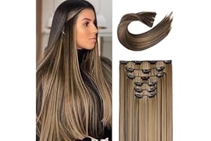 FLUFYMOOZ 6PC Clip in Hair Extensions 24" Straight Long Extensions for Women Synthetic Hairpiece (Chocolate Brown with Blonde Highlights)