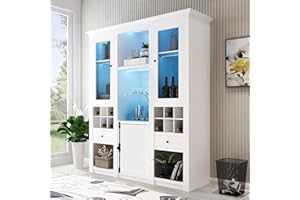 Rtopsu Credenza Cucina con Scaffale per Vino e Illuminazione LED, Mobile Buffet Mobile Alto da Cucina 7 Armadi e 2 Cassetti per Soggiorno e Cucina, 170x143x45,5 cm, Bianco