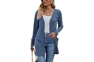 Famulily Women's Long Sleeve Open Front Cardigans, Button Down V Neck Lightweight Outwear Jumpers with Pockets, Solid Rayon Polyester Spandex, S-XXL, Beige/Black/Blue/Army Green/Khaki/Red/Wine