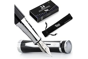 Wordsworth & Black Fountain Pen Set, Medium Nib, Includes 24 Pack Ink Cartridges, Ink Refill Converter & Gift Pouch, Chrome Finish, Calligraphy, [Black Chrome], Perfect for Men & Women