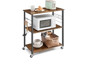VASAGLE Kitchen Shelf on Wheels, Serving Trolley with 3 Shelves, Microwave Shelf, for Mini Oven, Toaster, with 6 Hooks, 40 x 80 x 89 cm, Industrial Style, Rustic Brown and Ink Black KKS067K01