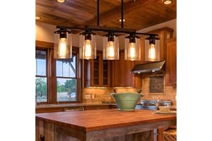 ALYNZEE Farmhouse Dining Room Light Fixture,5-Light Kitchen Island Chandelier with Rustic Wood Frame,Black Metal Finish and Clear Glass Shades,Adjustable Pendant Lighting for Dining Table,Kitchen Island