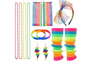 FRIUSATE 80s Fancy Dress Costumes Accessories, 1980s Party Costume Accessories Set Neon Leg Warmers Fishnet Gloves Earrings Bracelet Necklace Headband, Retro Outfit for 80s Party Dress up Day