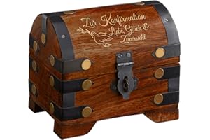 ‎CASA VIVENTE Casa Vivente Kleine Geldschatztruhe mit Gravur zur Konfirmation, Motiv Taube, Dunkles Holz, Vintage Bauernkasse, Verpackung für Geldgeschenke, Geschenkideen für Konfirmanden