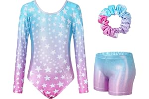 JiAmy Gymnastics Leotards for Girls Cross Back, Long Sleeve Sparkly Dance Biketards with Shorts Ballet Outfit for 3-12 Years